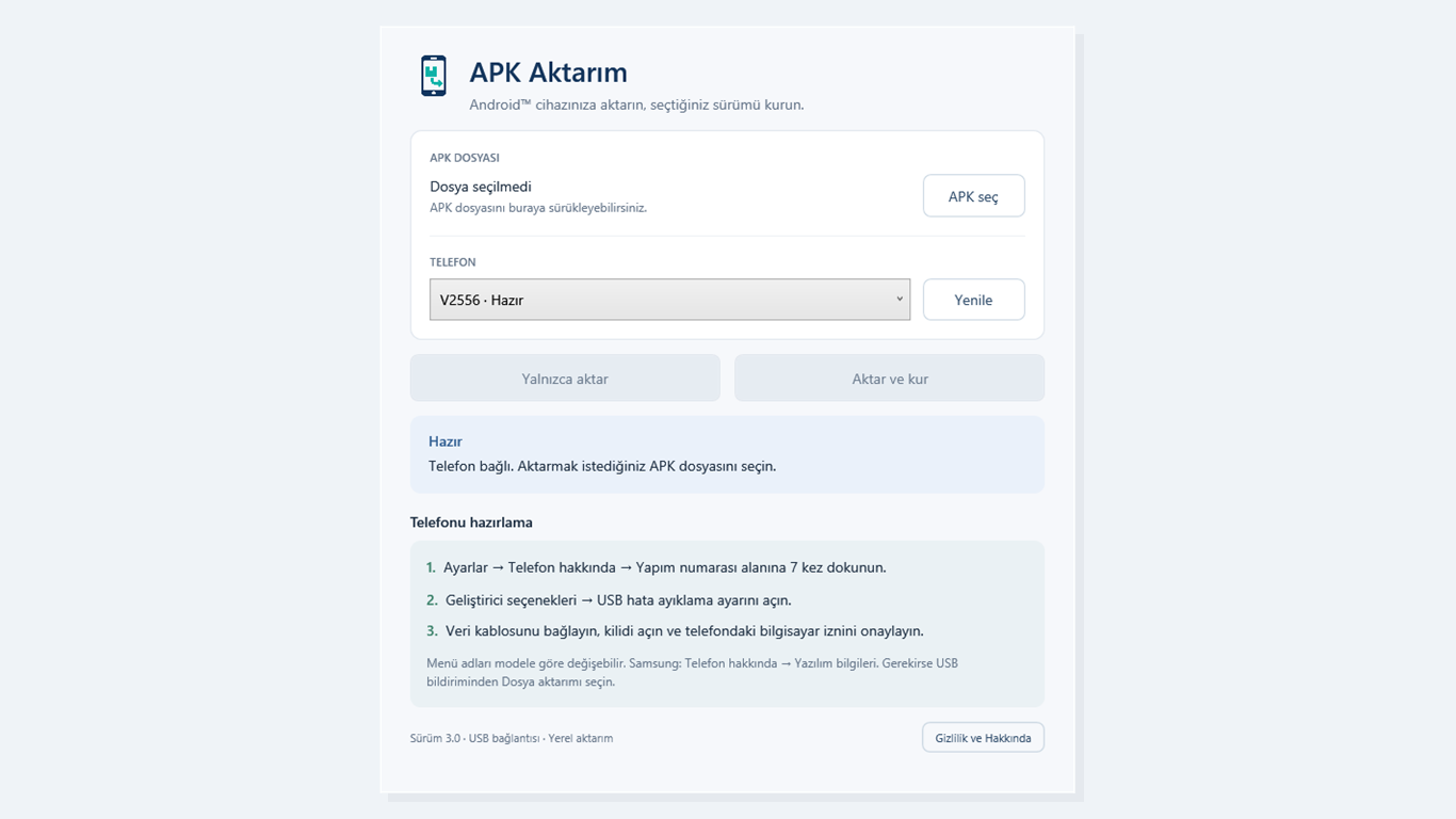 APK Aktarım ana ekranı: APK seçimi, bağlı telefon ve Aktar ve kur düğmesi